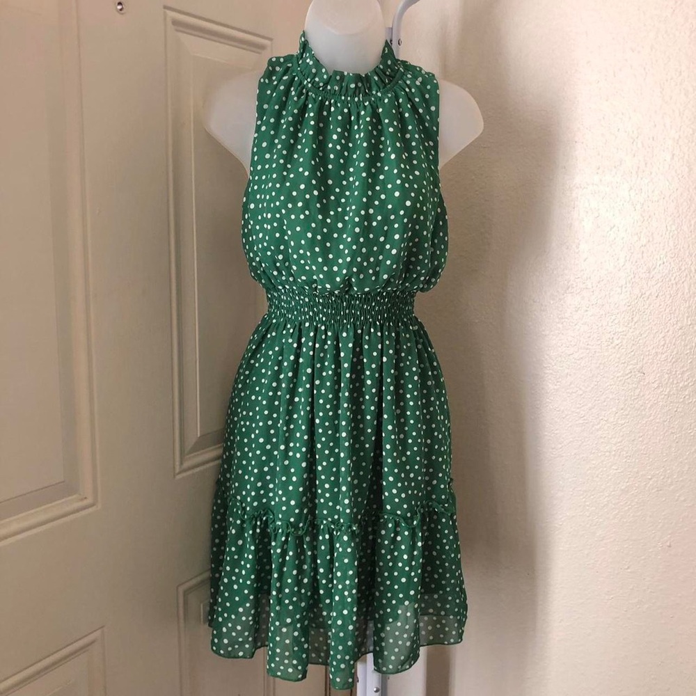 Green white polka dot frill tiered ruffles shirred smocked waist mini midi dress